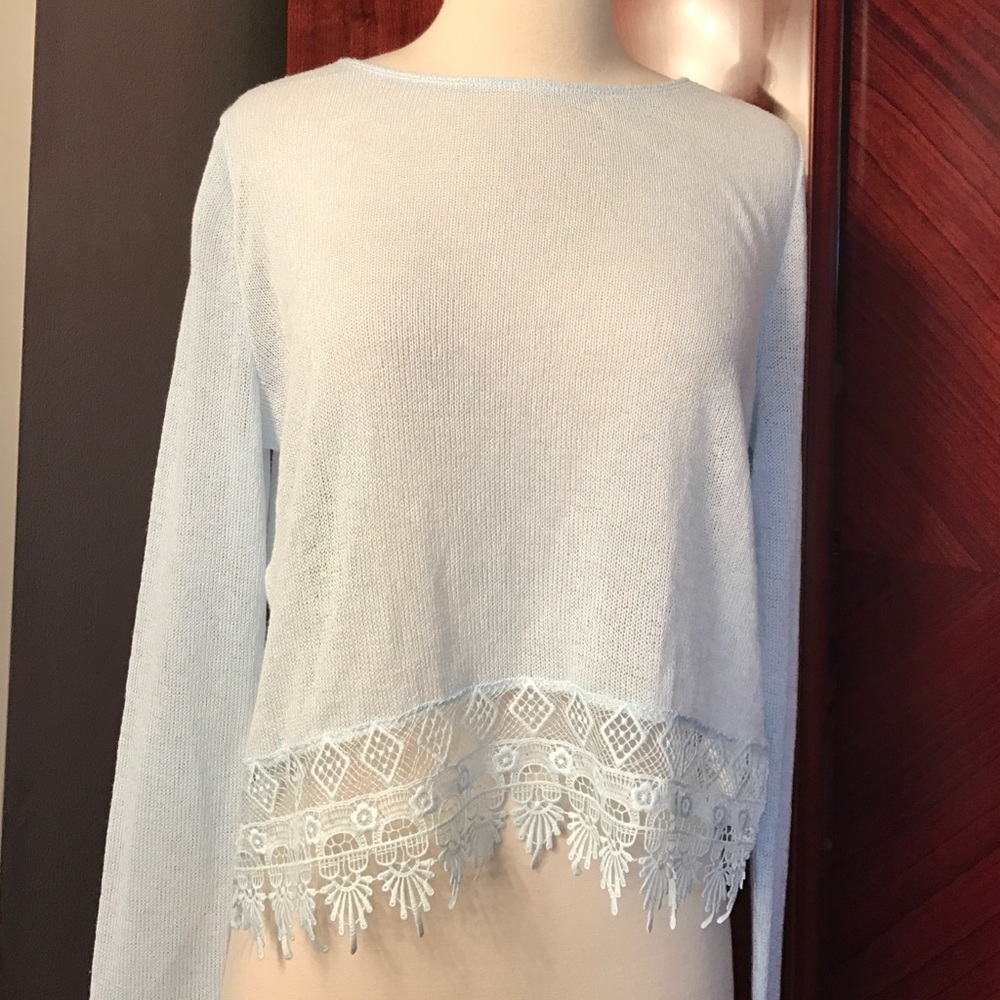 H&M Divided Ice Blue Semi-Sheer Knit Long Sleeve Top with Crochet Lace Trim